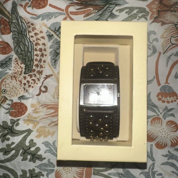 Ladies Tilt Silver Tone Brown Studded Dial Wide Leather Band Watch - Picture 1 of 3